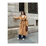 manana fashion Kaşe Uzun Kuşaklı Düğme Detaylı Özel Tasarım Palto Kaban