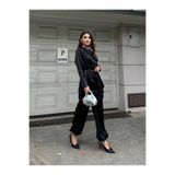manana fashion Şal Detaylı Saten Bağlamalı Bluz Şalvar Pantolon Takım