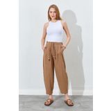 Manche Beli Lastikli Havuç Kesim Keten Pantolon - Kahve | Mks661931-01