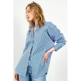 Manche Çizgili Uzun Oversize Rahat Kalıp Basic Kadın Gömlek | Lacivert Mks167174-01 Iliedi001ii
