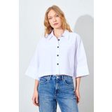 Manche Düşük Kol Çimalı Crop Poplin Gömlek - Beyaz | MKS161451-01