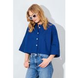 Manche Düşük Kol Çimalı Crop Poplin Gömlek - Lacivert | MKS161451-01