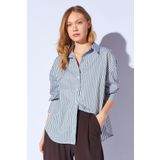 Manche Haki Çizgili Oversize Rahat Kalıp Basic Kadın Gömlek | MKS167429-01