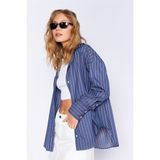 Manche Lacivert Kadın Çizgili Gömlek Uzun Kol Trend Lacivert %60 Pamuk %40 Polyester Desenli MKS167430-01
