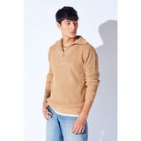 Manche Oversize Yarım Fermuarlı Örgü Desen Yumuşak Dokulu Erkek Kazak | Vizon MANW519913-1 - XL