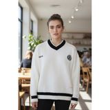 Mandala Tekstil Kadın Oversize Şardonlu Nakışlı Triko Kazak - Ekru - XL