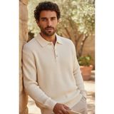 Mandala Tekstil Polo Yaka Göğüs Düğmeli Uzun Kollu Selanik Kalın Örgü Oversize Triko Kazak - Taş - XL