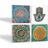 Mandala, Yaşam Çiçeği, Lotus Çiçeği, Fatma Ana Eli (Hamsa) Taş Bardak Altlığı Seti - 4 Pa - Çok Renkli