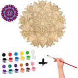 Mandalart Fabric Flower Desen Büyük Boy Ahşap Boyama Seti, 50 Cm, 12 Renk Akrilik Boya, Fırçasıyla Beraber