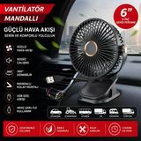 Mandallı Araç İçi Vantilatör 6 İnç 360° Dönebilen Usb Ve Çakmaklık Uyumlu Sessiz Fan