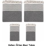 Mandaş Pamuklu Kaymaz Hasır Dokuma Kolları Örten Maxi Takım Koltuk Örtüsü (3+3+1+1) - Koyu Gri - 180 x 310 cm