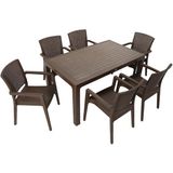Mandella Rattan Masa Takımı 90x150 Camsız Masa 6 Kişilik Rattan Sandalye Seti Bahçe Balkon Teras Takımı - Kahverengi
