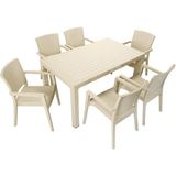 Mandella Rattan Masa Takımı 90x150 Camsız Masa 6 Kişilik Sandalye Seti Bahçe Balkon Teras Takımı - Bej - Krem