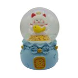 Maneki Neko Şans Kedisi Işıklı Kar Küresi Mavi 9Cm Vitrin