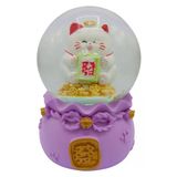 Maneki Neko Şans Kedisi Işıklı Kar Küresi Mor 9Cm Vitrin