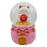 Maneki Neko Şans Kedisi Işıklı Kar Küresi Pembe 9Cm Vitrin
