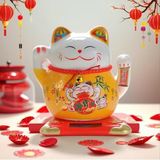 Maneki-neko Şanslı Kedi Figürü, Sarı Seramik, 12.7 cm, Güneş Enerjili Sallanan Pati, Çin Tarzı Dekoratif Süs, Araba ve Ev Dekorasyonu