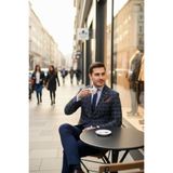 Manino Erkek Koyu Lacivert Ekose Desenli Poliviskon Kumaşlı Slim Fit Mono Yaka Spor Blazer Ceket