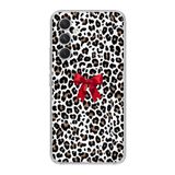 Manitoba Samsung Galaxy A14 ile Uyumlu Baskılı Yumuşak Silikon Şeffaf Telefon Kılıfı, Leopar Desen, Kırmızı Fiyonk