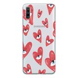 Manitoba Samsung Galaxy A20S ile Uyumlu Kalp ve Göz Tasarımlı Şeffaf Telefon Kılıfı, Çok Renkli
