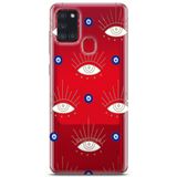 Manitoba Samsung Galaxy A21S ile Uyumlu Nazar Boncuğu Tasarımlı Baskılı Şeffaf Telefon Kılıfı, Kırmızı