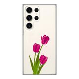 Manitoba Samsung Galaxy S22 Ultra ile Uyumlu Baskılı Yumuşak Silikon Şeffaf Telefon Kılıfı, Pembe Lale Deseni