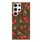 Manitoba Samsung Galaxy S22 Ultra Uyumlu Leopar ve Kiraz Tasarımlı Baskılı Şeffaf Silikon Telefon Kılıfı