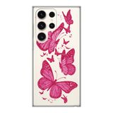 Manitoba Samsung Galaxy S22 Ultra Uyumlu Pembe Kelebekler Tasarımlı Baskılı Şeffaf Telefon Kılıfı