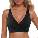 MaNMaNing Kadın bağcıklı bikini üstü askılı tam kaplama Push Up Crop Top bağlamak için sırtı açık yüzme üst giysisi kadın (, Siyah, XXL