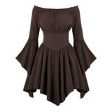 MaNMaNing Kadın rahat elbise, omzu açık, fırfırlı etek, yaz, cadılar bayramı, akışkan, Boho midi elbise, çiçek baskılı kadın (, Kahve, L