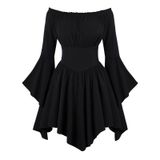 MaNMaNing Kadın rahat elbise, omzu açık, fırfırlı etek, yaz, cadılar bayramı, akışkan, Boho midi elbise, çiçek baskılı kadın (, Siyah, L