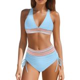 MaNMaNing Kadın Yüksek Bel Bikini Seti Mayo Renk Bloğu İki Parçalı İpli Push Up Plaj Kadın Mayo (, Gök mavisi, XL