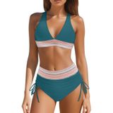 MaNMaNing Kadın Yüksek Bel Bikini Seti Renk Bloğu İki Parçalı İpli Mayo Push Up Karın Açılabilir Plaj Ayarlanabilir Kadın (, Koyu mavi, 3XL