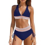 MaNMaNing Kadın Yüksek Bel Bikini Seti Renk Bloğu İki Parçalı İpli Mayo Push Up Karın Açılabilir Plaj Ayarlanabilir Kadın (, Lacivert, L
