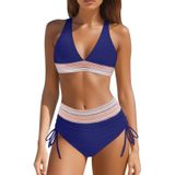 MaNMaNing Kadın Yüksek Bel Bikini Seti Renk Bloğu İki Parçalı İpli Push Up Mayo Kadın (, Lacivert, S