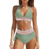 MaNMaNing Kadın Yüksek Bel Bikini Seti Renk Bloğu İki Parçalı İpli Push Up Mayo Kadın (, Yeşil., M