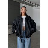 MANMARK Kadın Oversize Deri Ceket– Oversize Relax Fit, Fermuarlı Kemer Detaylı Günlük Kadın Ceket