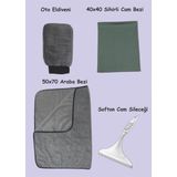 Manosta Fine Clean 4'lü Mikrofiber Oto Yıkama Kurulama Araba Silme Bezi + Cam Bezi + Oto Eldiveni + Silecek - 0315 Gri