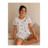 mantis Kadın Beyaz Kiraz Desenli Bisiklet Yaka Kısa Kollu Şortlu Pijama Takımı
