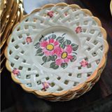 Manushum El Boyama Delikli Porselen Çay Tabağı 6 Lı Set-Beyaz