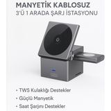 Manyetik Kablosuz 3’ü 1 Arada Şarj Istasyonu 15W Hızlı Şarj, Telefon, Kulaklık ve Akıllı Saat Uyumlu - Siyah
