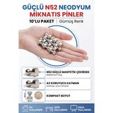 Manyetik Metal Pano Mıknatısı Gümüş 10'lu Set - Güçlü Neodyum Mıknatıs, Magnetic Push Pin, Kağıt Tutucu