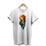 Manzara Ağaç Güneş Dağ ve Nehir Baskılı %100 Pamuk Regular Fit Bisiklet Yaka T-Shirt - 2XL - Beyaz