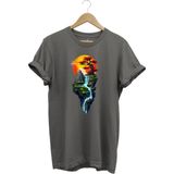Manzara Ağaç Güneş Dağ ve Nehir Baskılı %100 Pamuk Regular Fit Bisiklet Yaka T-Shirt - Gri