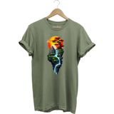 Manzara Ağaç Güneş Dağ ve Nehir Baskılı %100 Pamuk Regular Fit Bisiklet Yaka T-Shirt - Haki