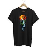 Manzara Ağaç Güneş Dağ ve Nehir Baskılı %100 Pamuk Regular Fit Bisiklet Yaka T-Shirt - Siyah