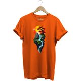 Manzara Ağaç Güneş Dağ ve Nehir Baskılı %100 Pamuk Regular Fit Bisiklet Yaka T-Shirt - Turuncu