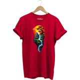 Manzara Ağaç Güneş Dağ ve Nehir Baskılı %100 Pamuk Regular Fit Bisiklet Yaka T-Shirt - XL - Kırmızı
