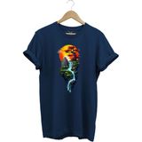 Manzara Ağaç Güneş Dağ ve Nehir Baskılı %100 Pamuk Regular Fit Bisiklet Yaka T-Shirt - XL - Lacivert