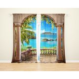 Manzara Desenli 3D Dijital Baskılı 2 Kanat Fon Perde Oturma Odası Salon Fon Perde - Mavi - Beyaz - 140 x 260 cm